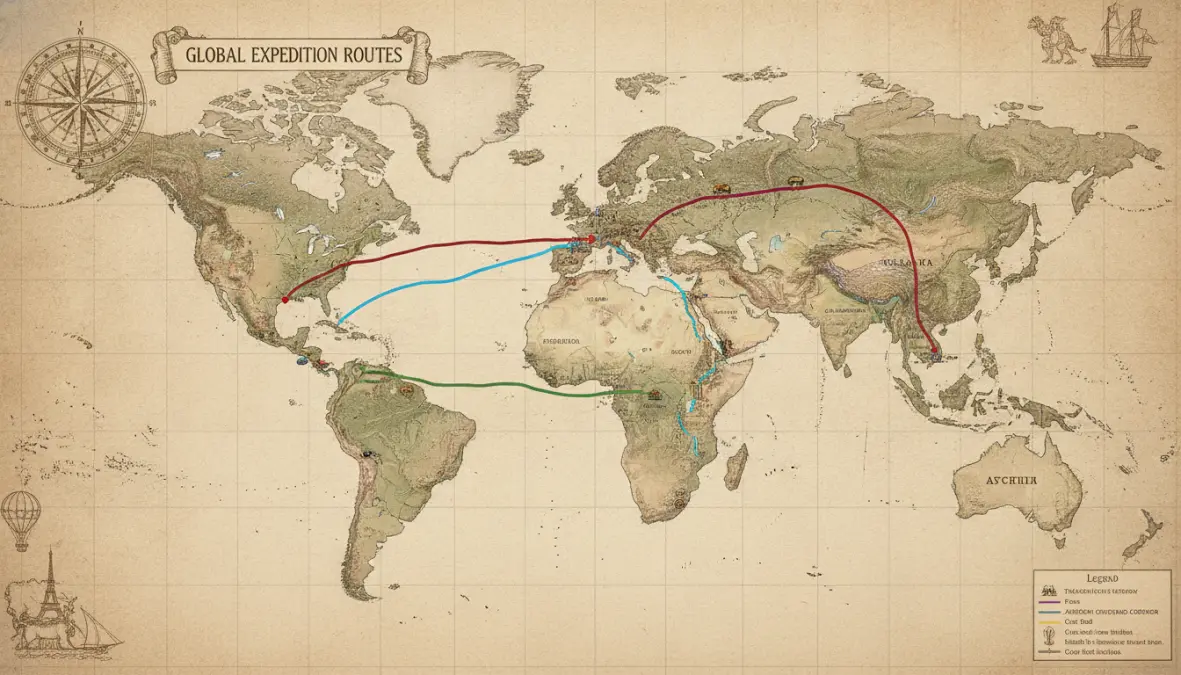 World map showing popular overland travel routes across continents