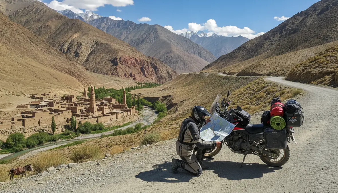 Motorcycle overland travel on Asian mountain route