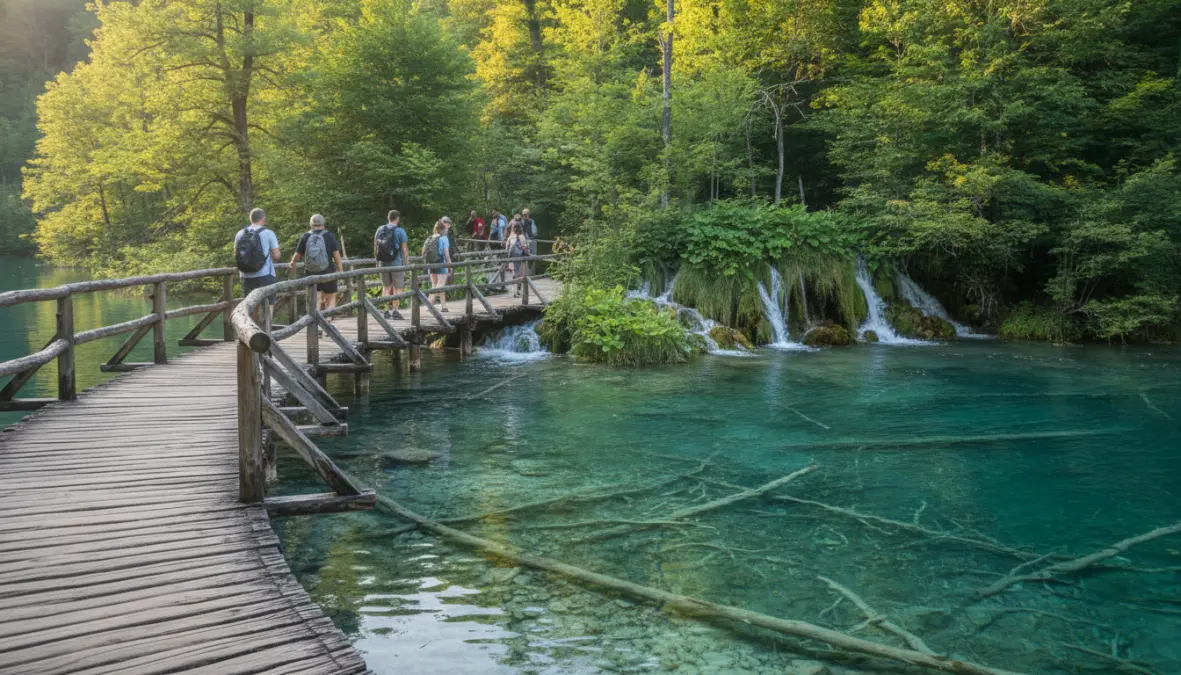 Wooden boardwalk trail over turquoise waters at Plitvice Lakes hiking route