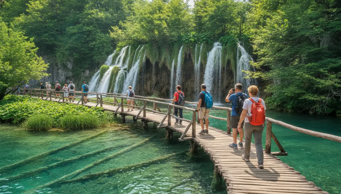 Wooden boardwalk trail over turquoise water at Plitvice Lakes National Park