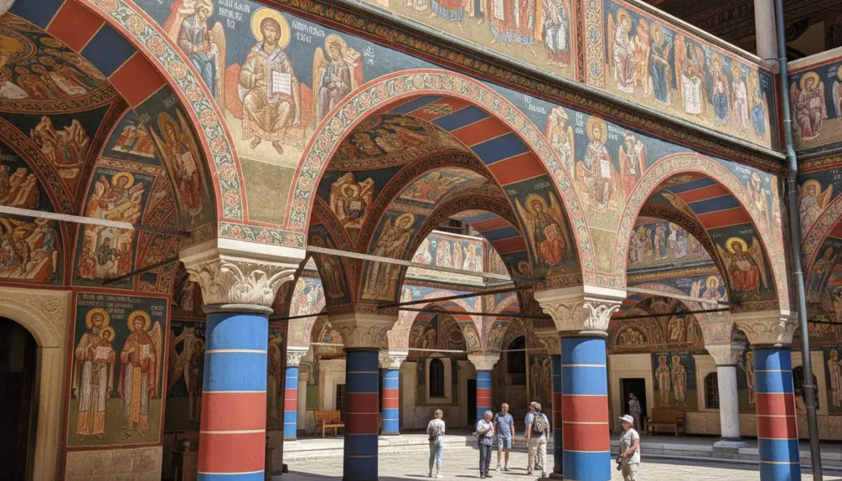 Rila Monastery Bulgaria Byzantine architecture with detailed frescoes and painted arches