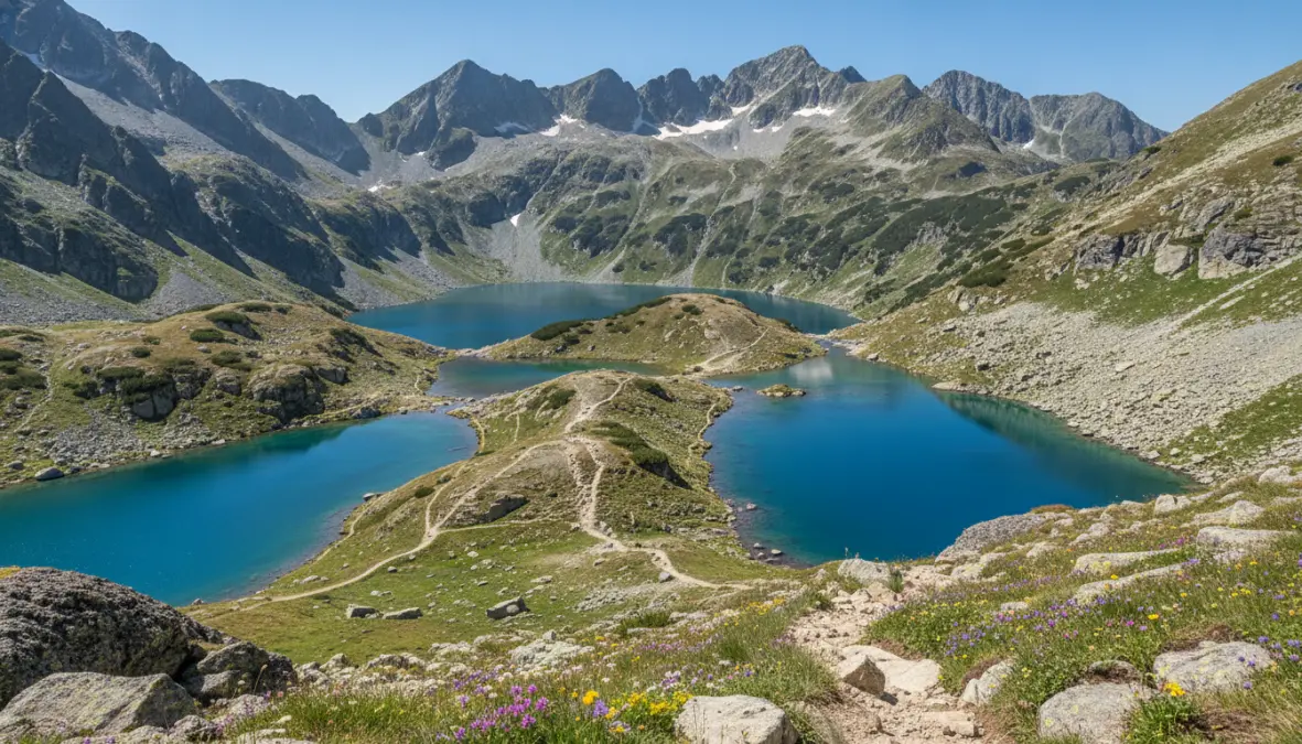 Seven Rila Lakes hiking trail with glacial lakes and alpine scenery in Rila National Park Bulgaria