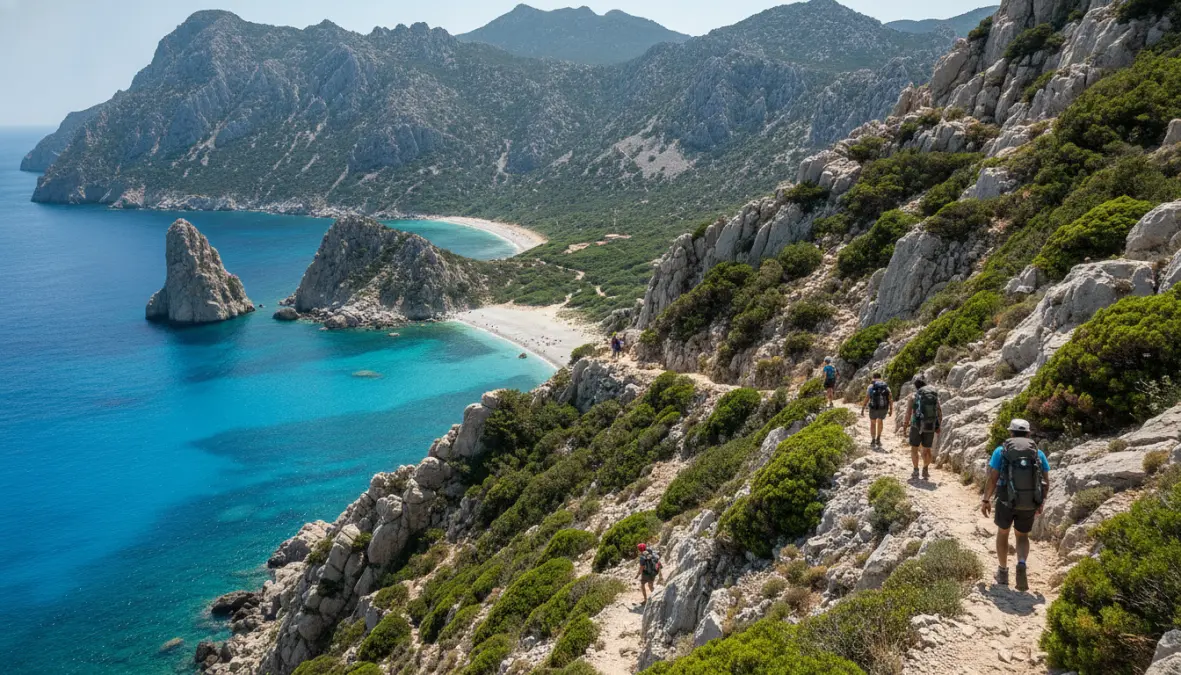 Coastal trekking trail on Baunei coast descending to Cala Goloritzé beach, eastern Sardinia hiking adventure