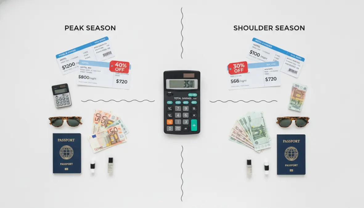 Travel cost comparison showing shoulder season savings versus peak season pricing for flights and accommodation