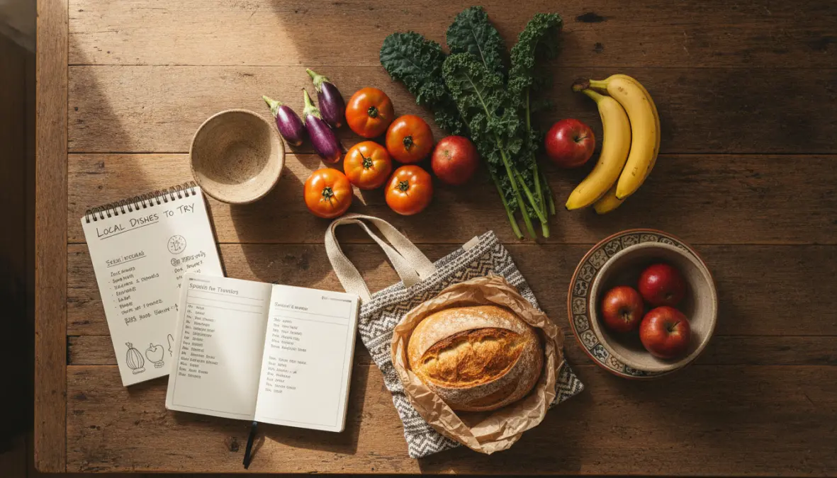 Slow travel essentials including local market ingredients and cultural immersion tools