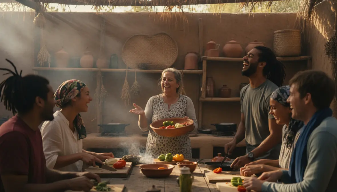 Travelers practicing slow travel through authentic cooking class with local community