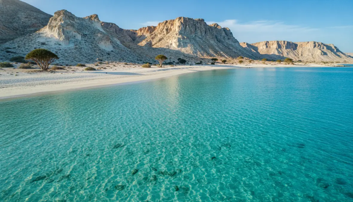 Detwah Lagoon in Socotra Yemen with turquoise waters and limestone mountains