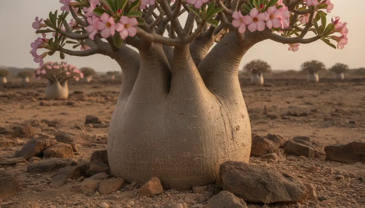Desert rose bottle tree endemic to Socotra Island showing unique biodiversity