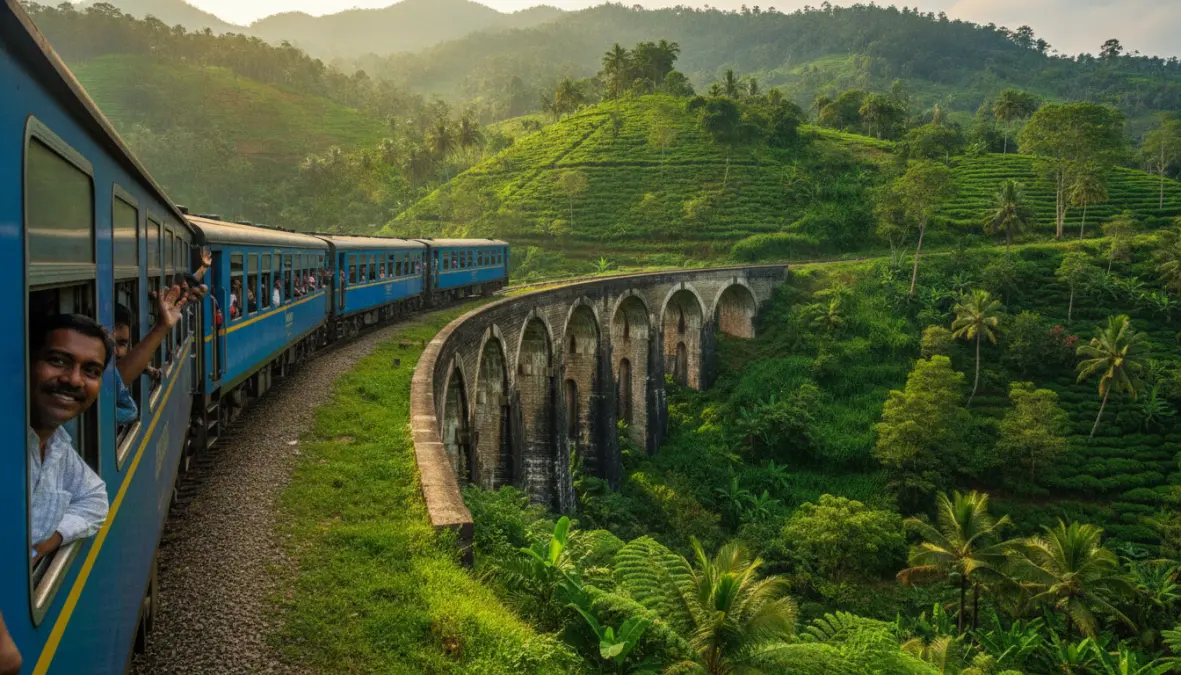Treno panoramico che attraversa il Nine Arch Bridge a Ella, esperienza iconica dell'itinerario di 2 settimane in Sri Lanka