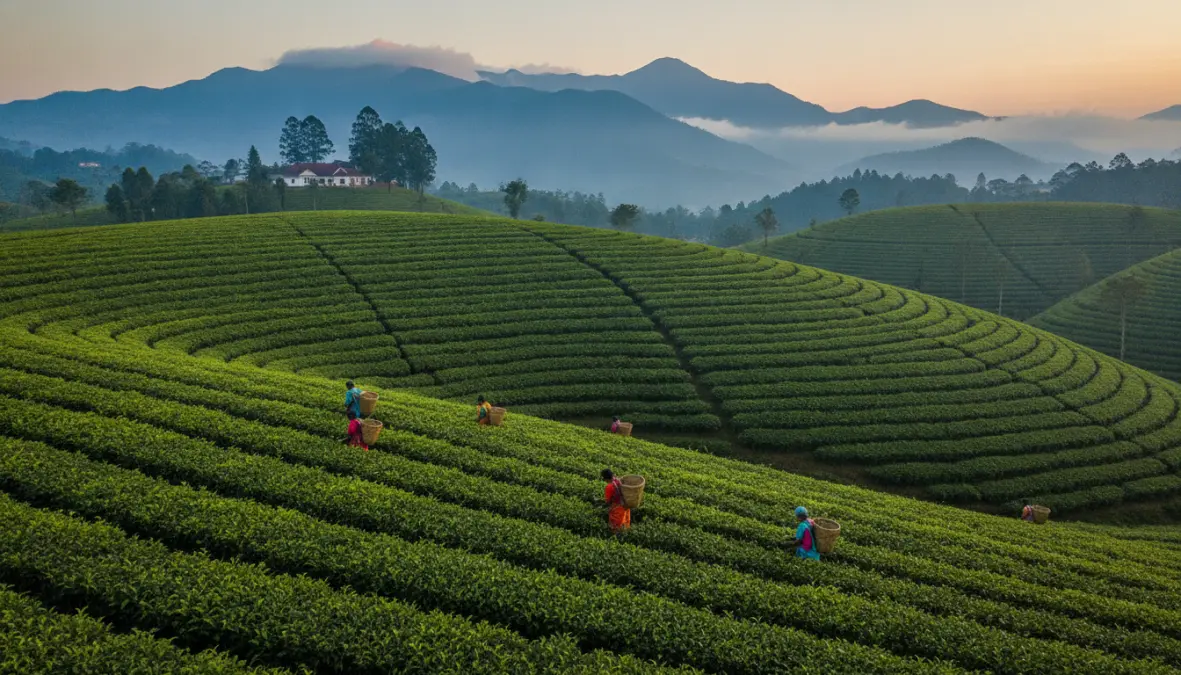 Piantagioni di tè a terrazze a Nuwara Eliya, tappa essenziale dell'itinerario di 2 settimane in Sri Lanka tra le colline