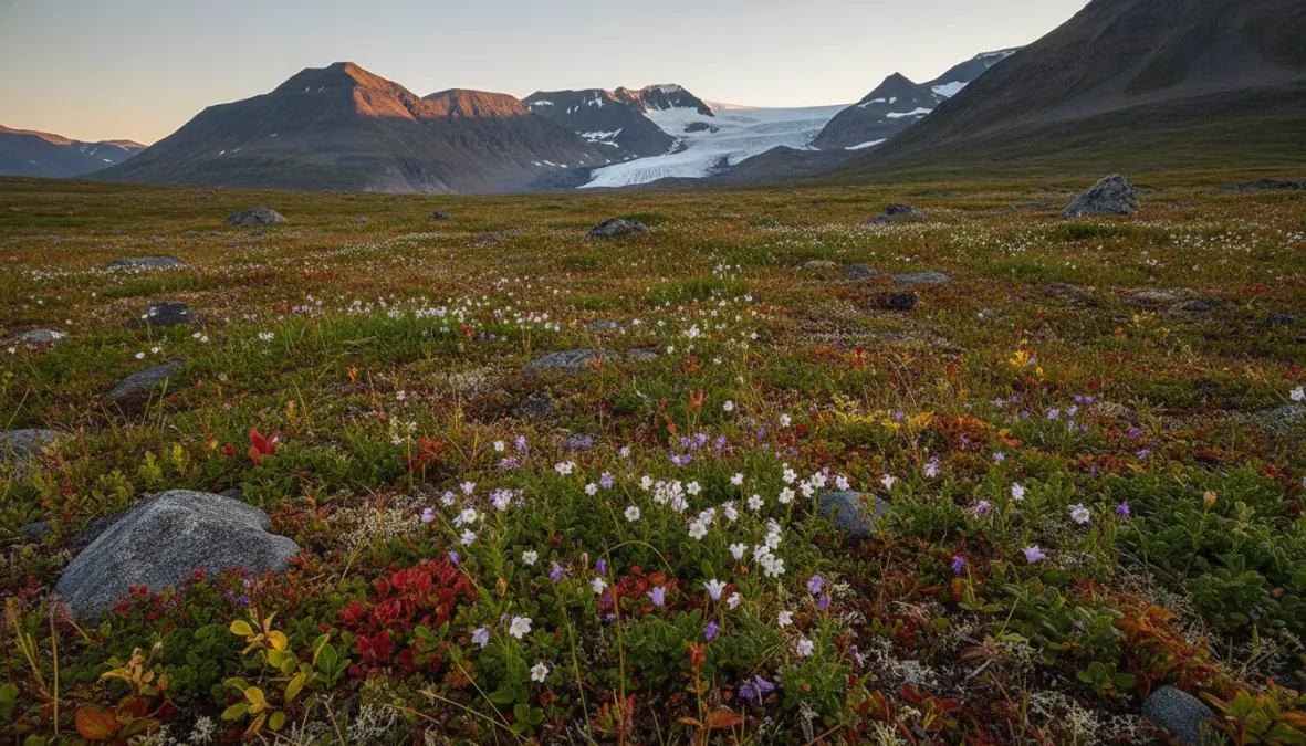 Arctic tundra landscape in Svalbard during summer midnight sun