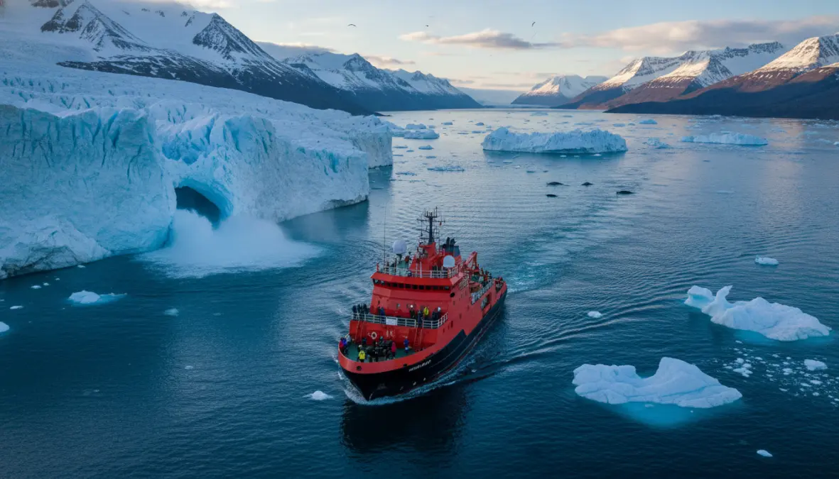 Arctic cruise boat exploring Svalbard fjords and glaciers in summer