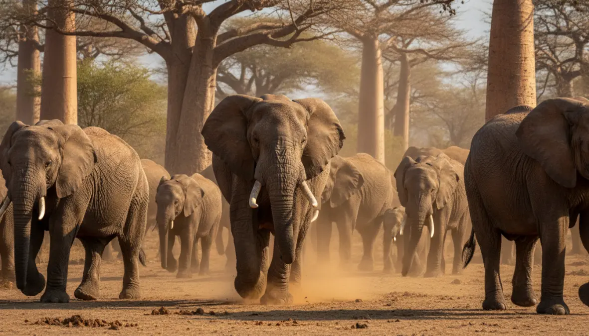 Elephant herd among baobab trees in Tarangire National Park northern Tanzania safari circuit