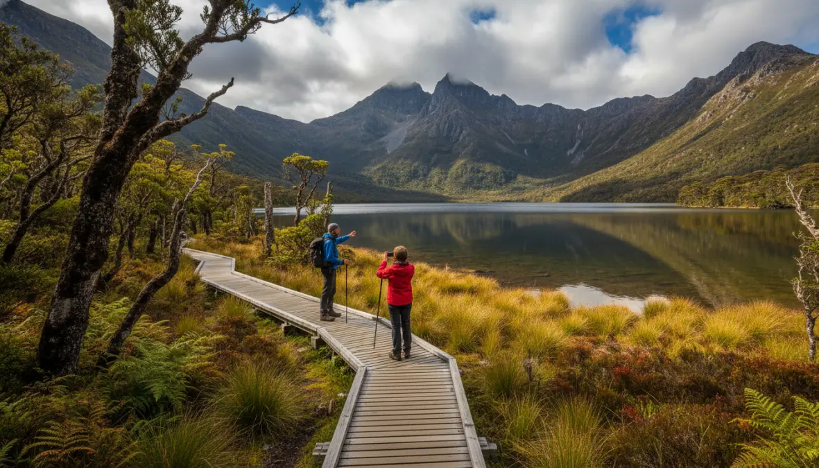 Cradle Mountain hiking trail at Dove Lake with alpine wilderness scenery
