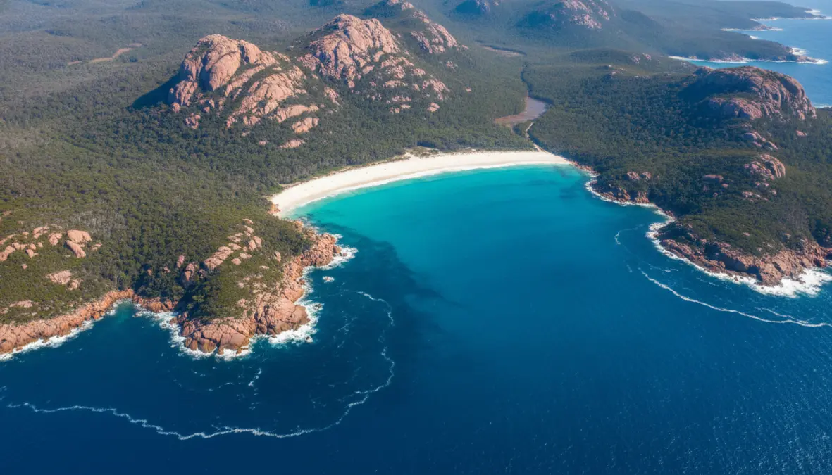 Wineglass Bay lookout view in Freycinet National Park Tasmania coastal wilderness