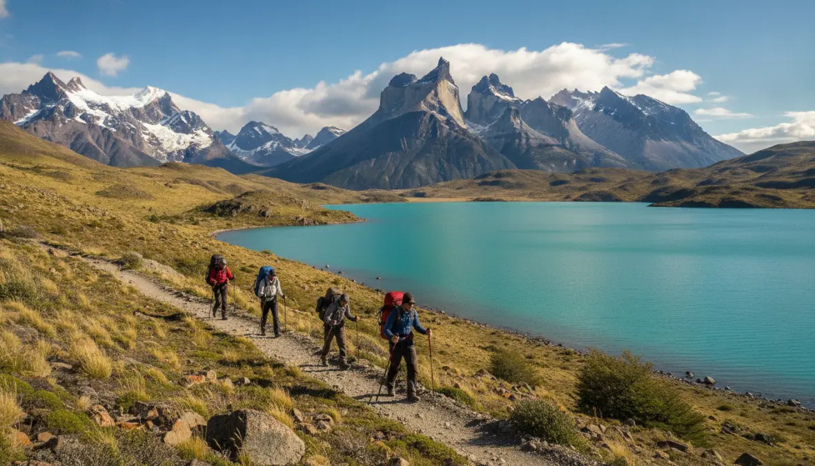 Hikers on the W Trek trail along Lago Pehoe with Cuernos del Paine mountains in Torres del Paine National Park