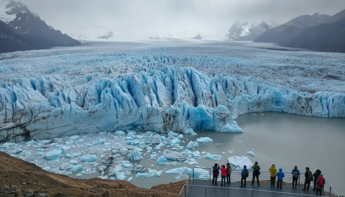 Glacier Grey viewpoint on the W Trek in Torres del Paine with hikers observing the ice field