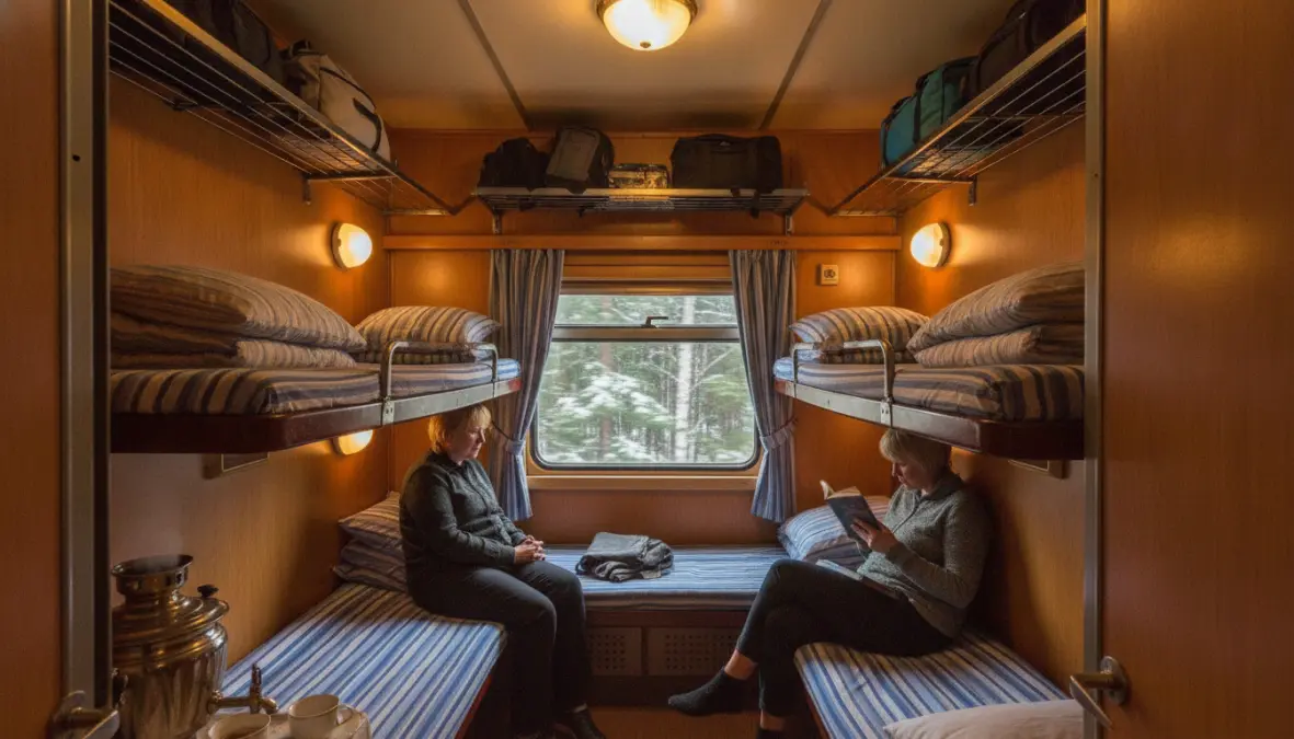 Trans-Siberian Railway second class kupe compartment interior with sleeping berths