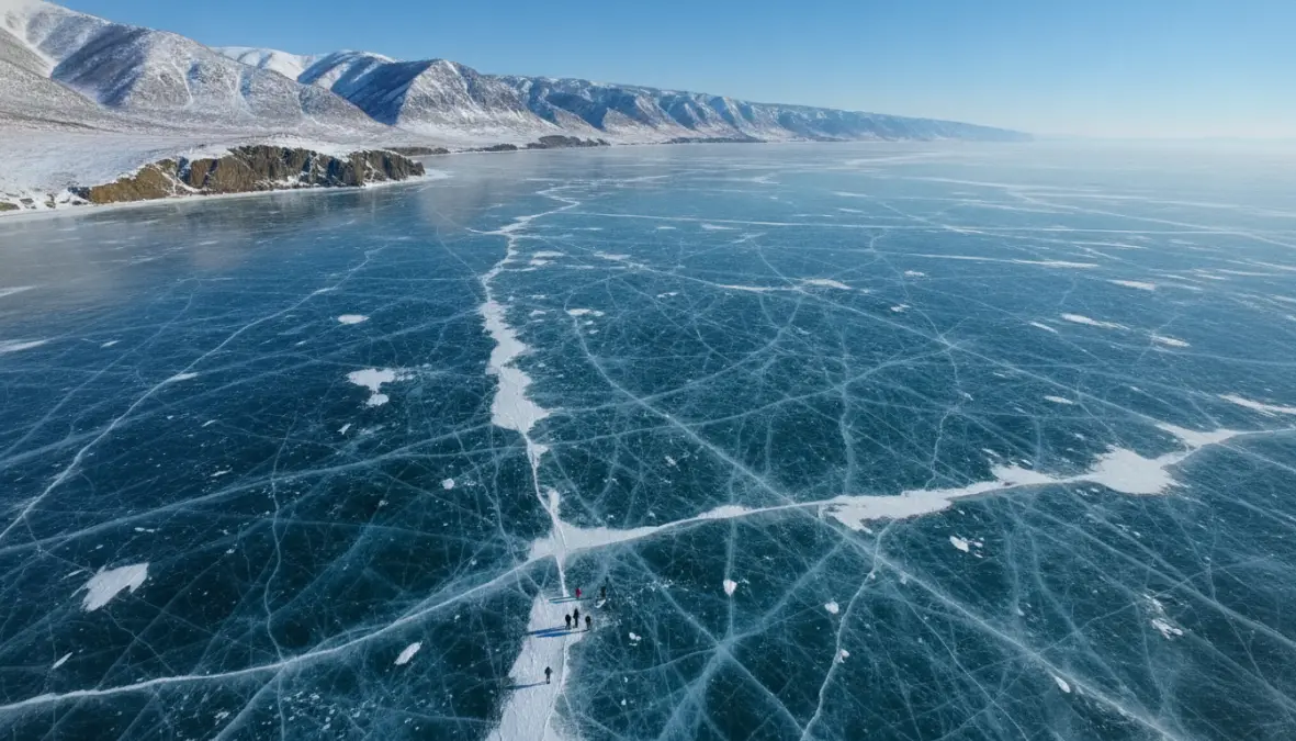 Frozen Lake Baikal with ice formations, essential stop on Trans-Siberian Railway route