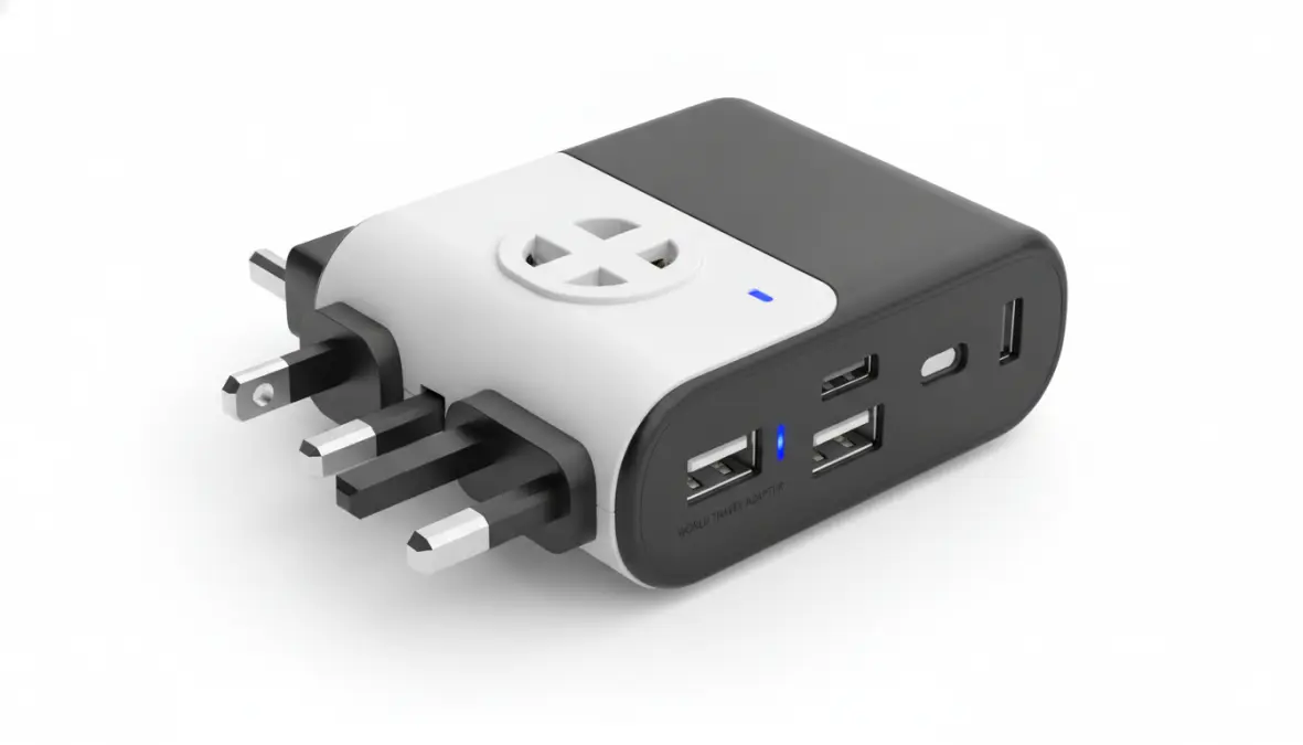 Universal travel adapter with USB ports showing multiple international plug types