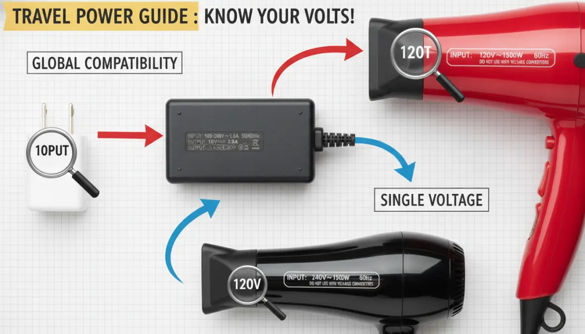 Dual voltage appliances and electrical voltage labels showing power compatibility specifications