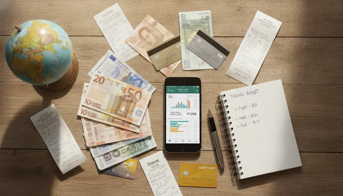 Travel expense tracking tools including smartphone app, foreign currency, and budget planning materials