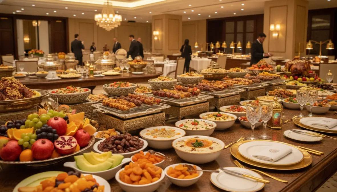 Elaborate iftar meal buffet with traditional halal food during Ramadan for tourists visiting Muslim countries