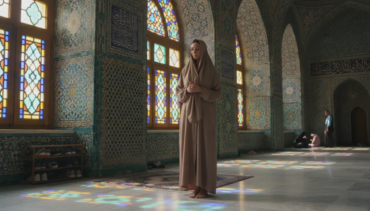 Tourist demonstrating proper mosque etiquette and modest clothing while visiting during Ramadan travel