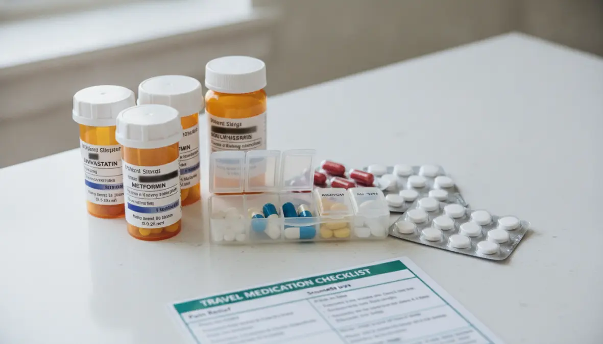 Essential travel medications including pain relievers, prescriptions, and antihistamines organized for packing