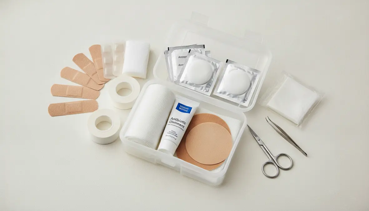 Wound care and emergency supplies for travel first aid kit including bandages and antiseptics
