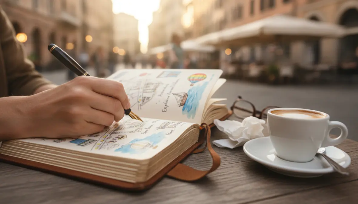 Traveler writing in journal with travel sketches and creative travel diary methods