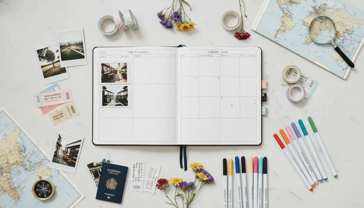 Travel journaling supplies including bullet journal, photos, and scrapbooking materials for adventure journaling