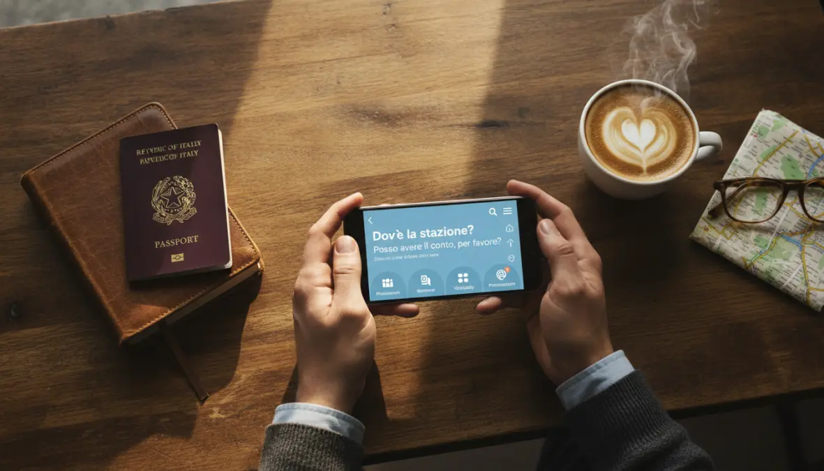 Smartphone showing language learning app for travelers with phrasebook and travel essentials