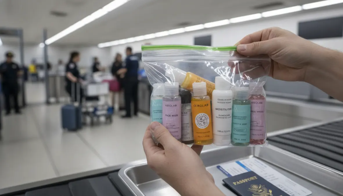 TSA approved quart-sized bag with travel size toiletries at airport security screening