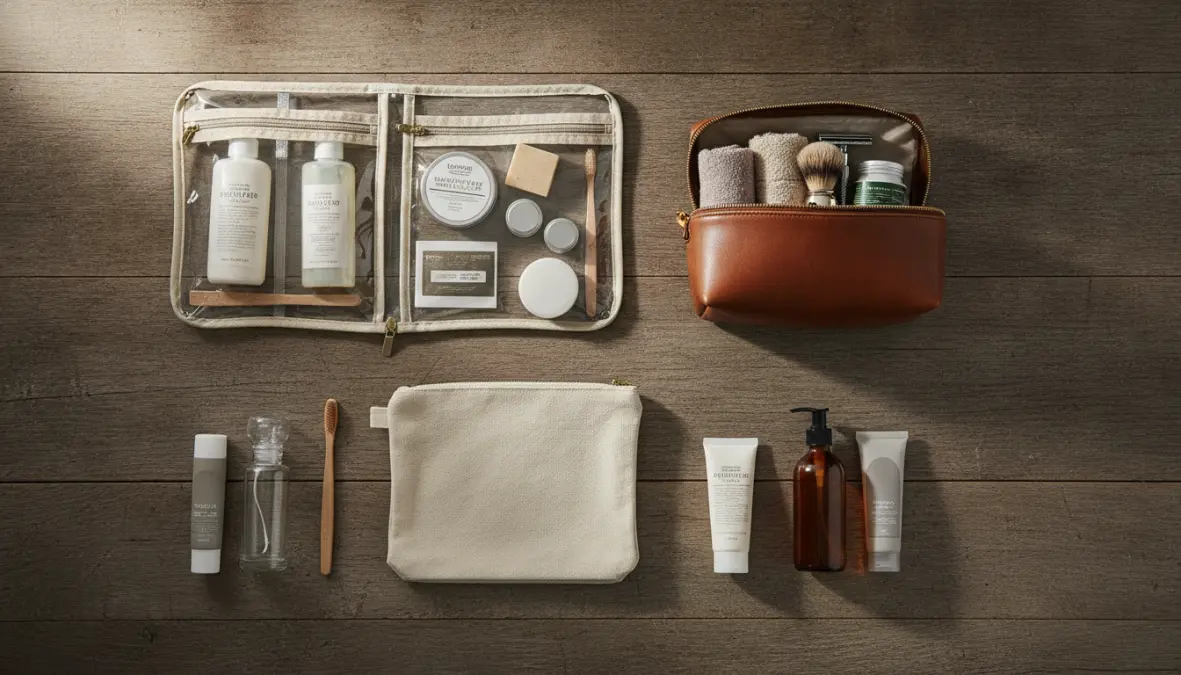 Different types of carry on toiletry bags with organized travel essentials and leak-proof containers