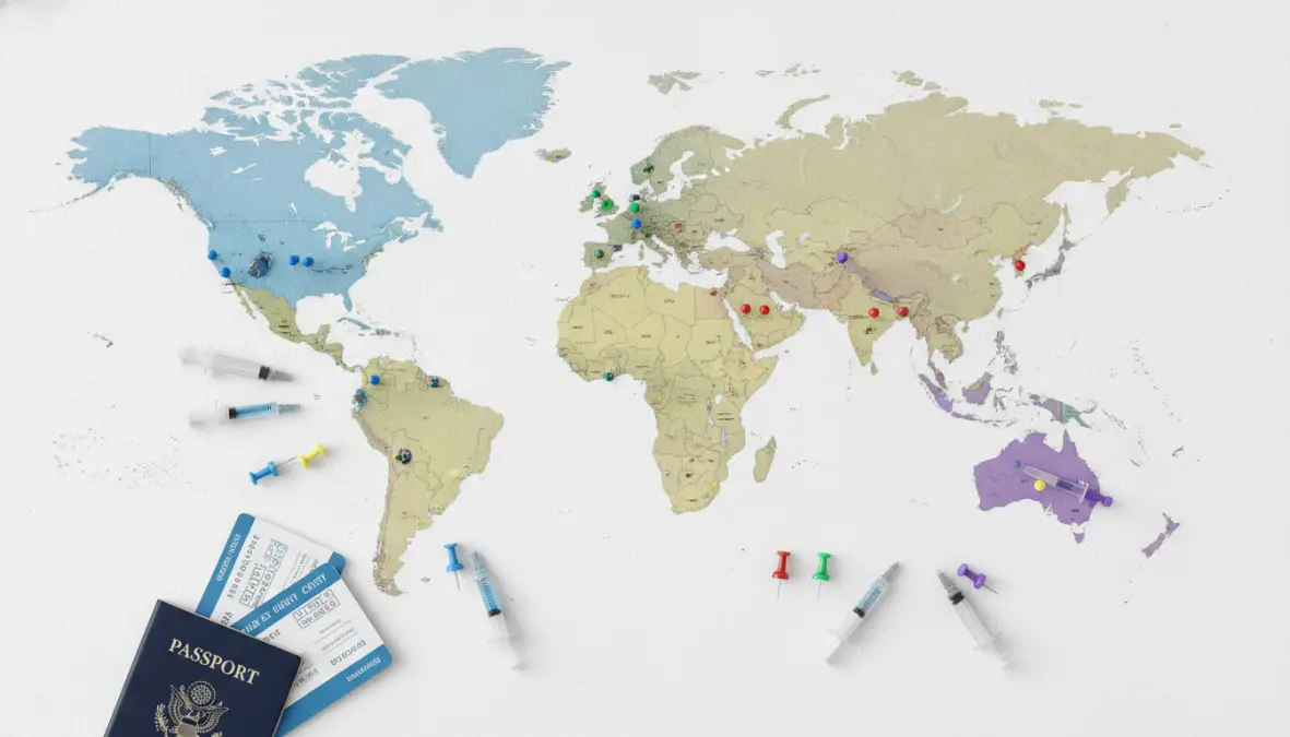 Destination-specific travel immunizations organized by geographic region on world map