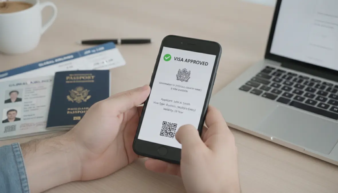 Electronic visa application on smartphone showing approved e-visa for international travel
