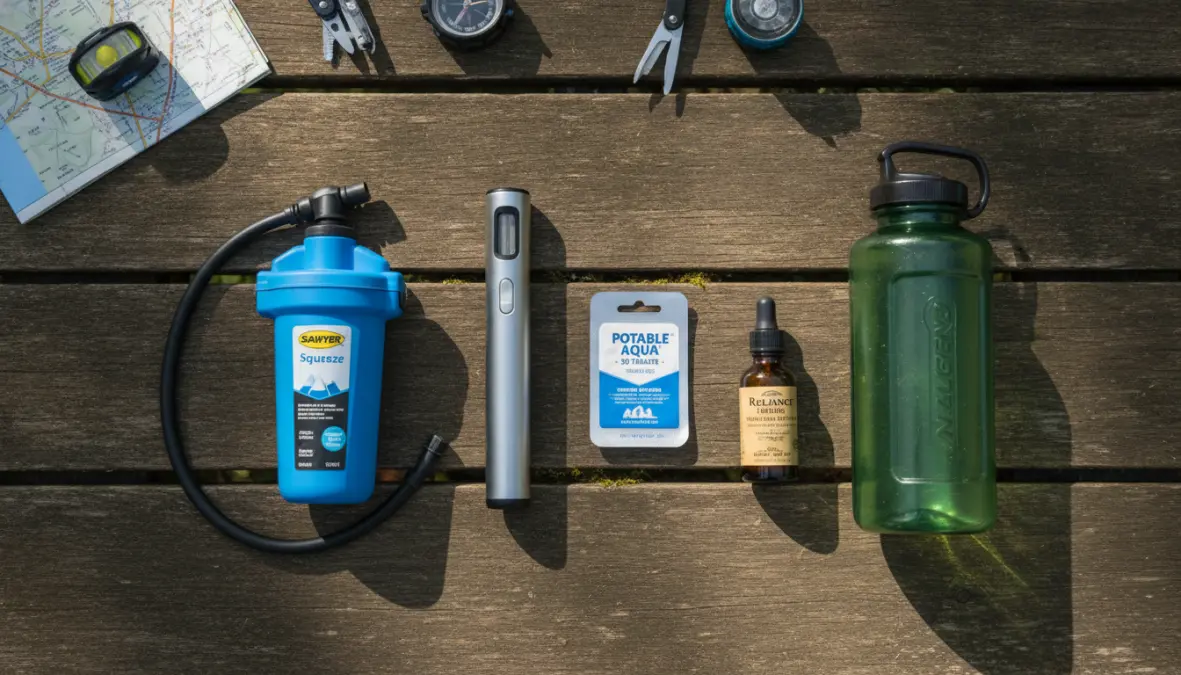 Collection of travel water purification methods including UV purifier, tablets, and portable filters