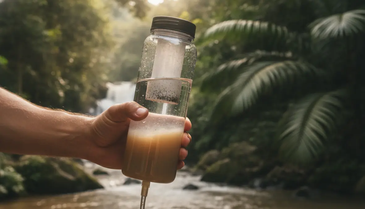 Backpacking water filter removing contaminants from natural water source during outdoor travel