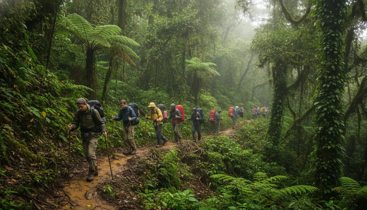 Gorilla trekking experience in Bwindi Impenetrable Forest Uganda showing challenging terrain