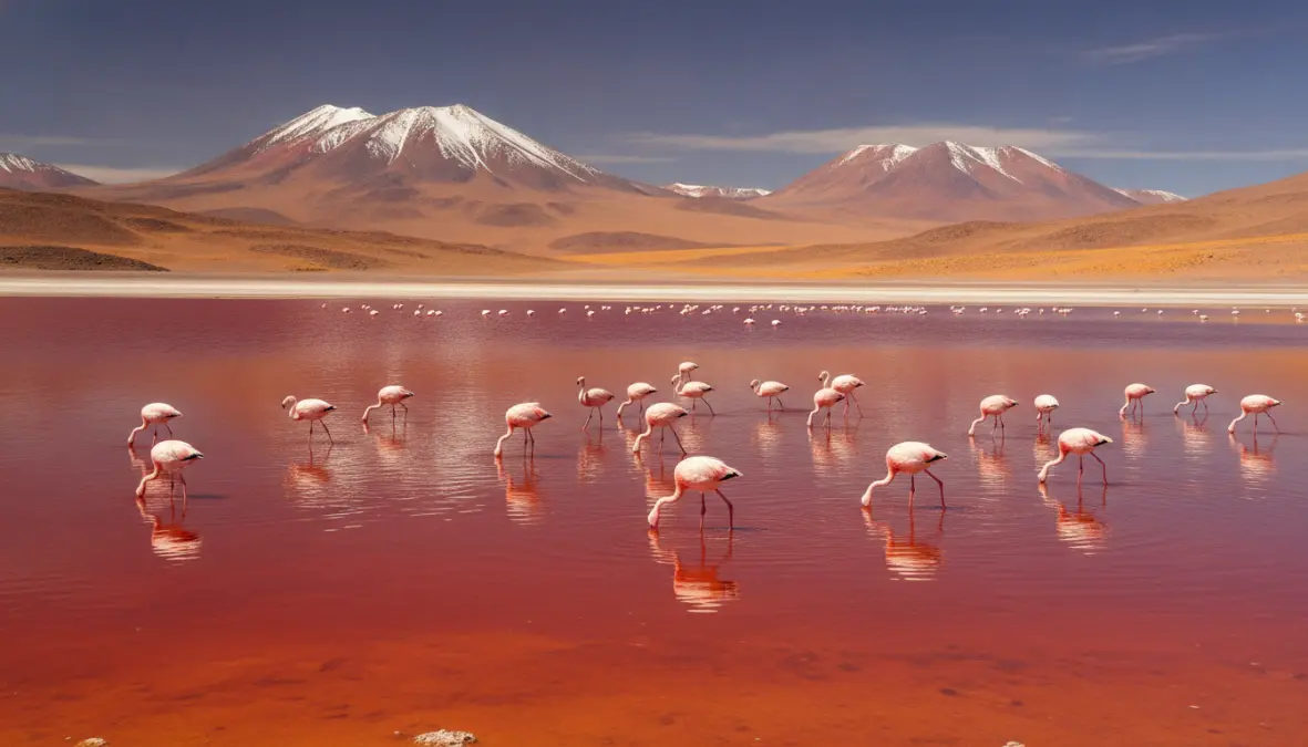 Flamingos at Laguna Colorada in Eduardo Avaroa Reserve during Uyuni salt flats tour