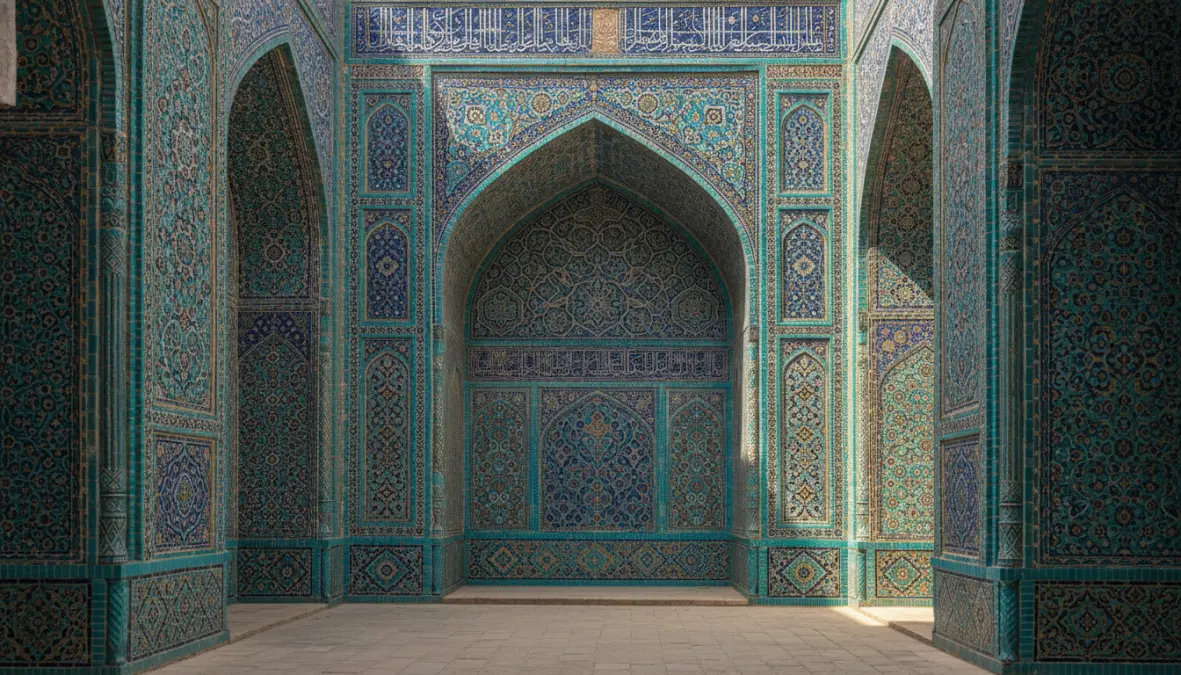 Shah-i-Zinda mausoleum complex in Samarkand with traditional Islamic tilework and Persian architecture