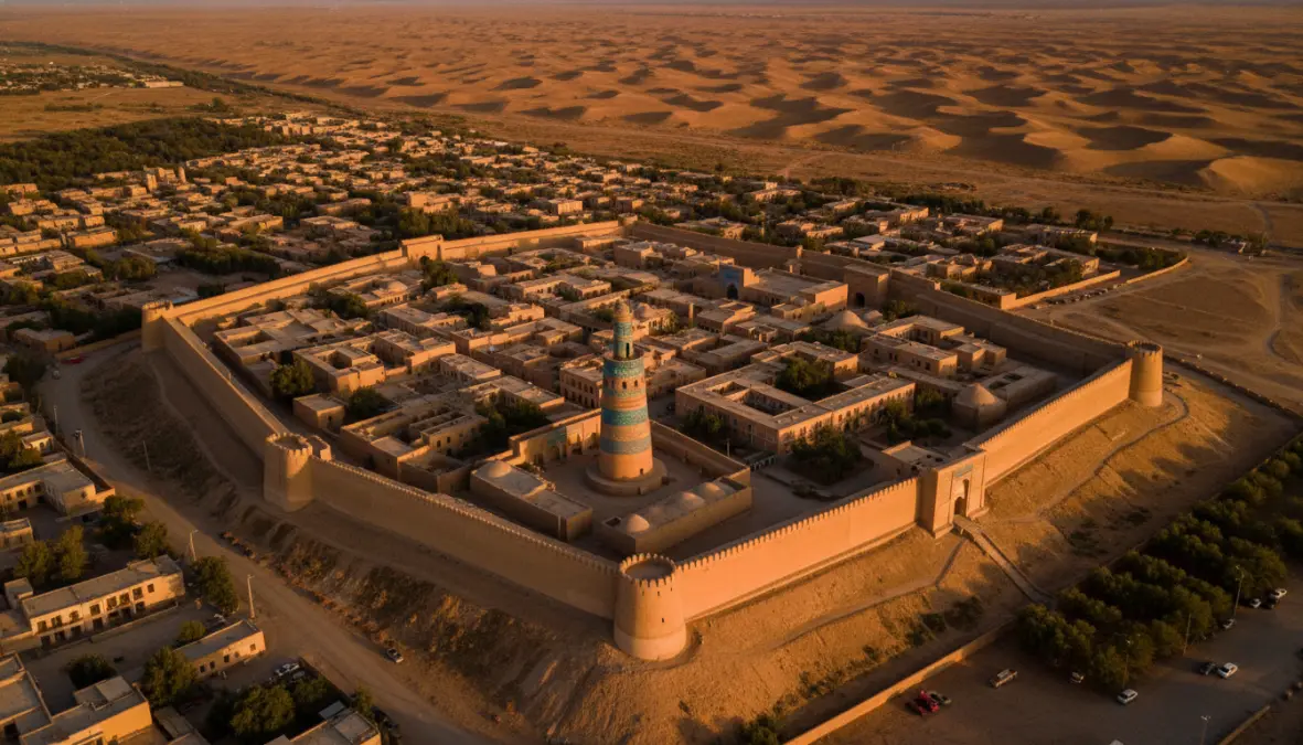 Khiva old city Itchan Kala fortress walls with Kalta Minor minaret at sunset in Uzbekistan