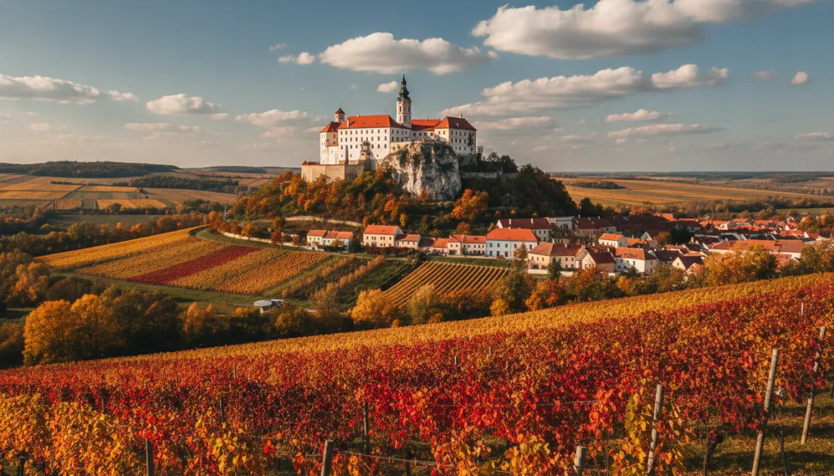Mikulov castle and wine region in South Moravia on the Vienna Prague road trip route