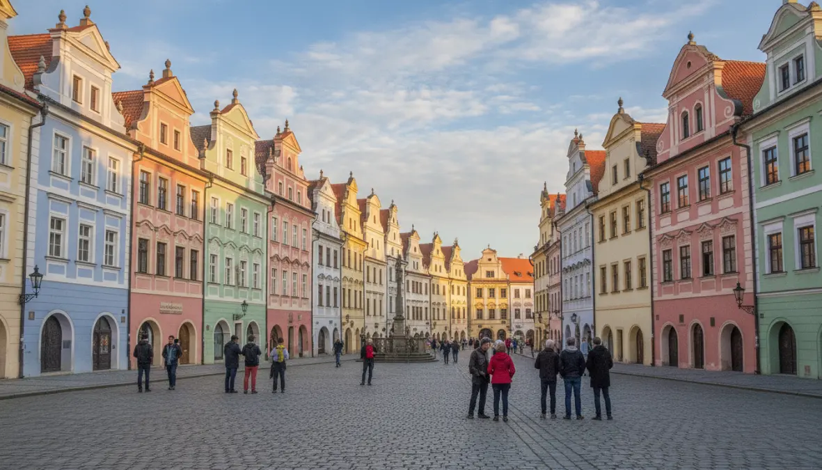 Historic Renaissance square in Telč, popular stop between Vienna and Prague