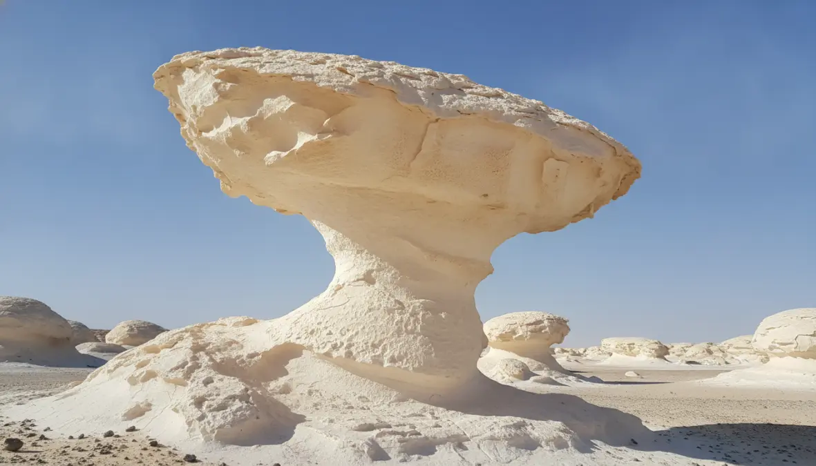 Iconic Mushroom Rock limestone formation in White Desert Egypt