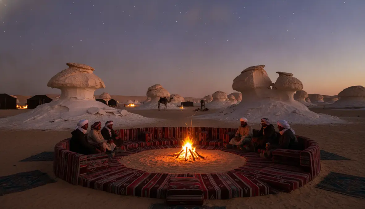 Desert camping experience in White Desert Egypt with Bedouin camp setup