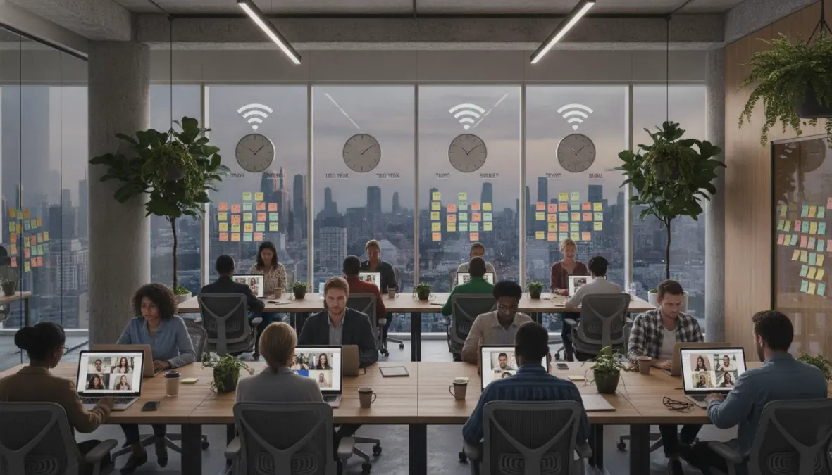 Coworking space for digital nomads managing time zones and virtual meetings while traveling